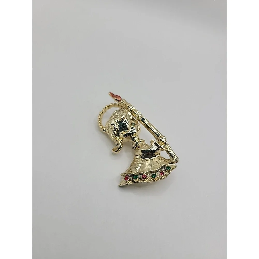 Vintage‎ Christmas Girl Holding Candle Brooch Gold Tone Red Green Rhinestone Pin